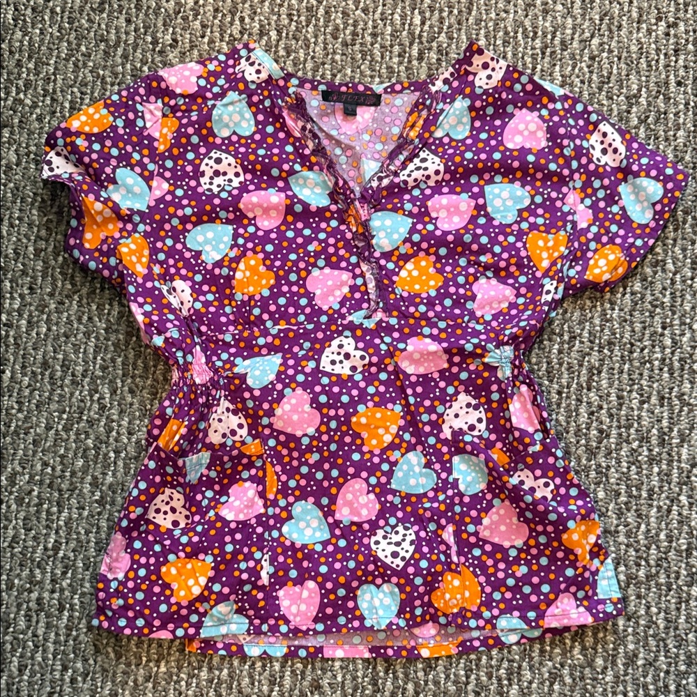 Colorful Heart Print Women's Scrub Top